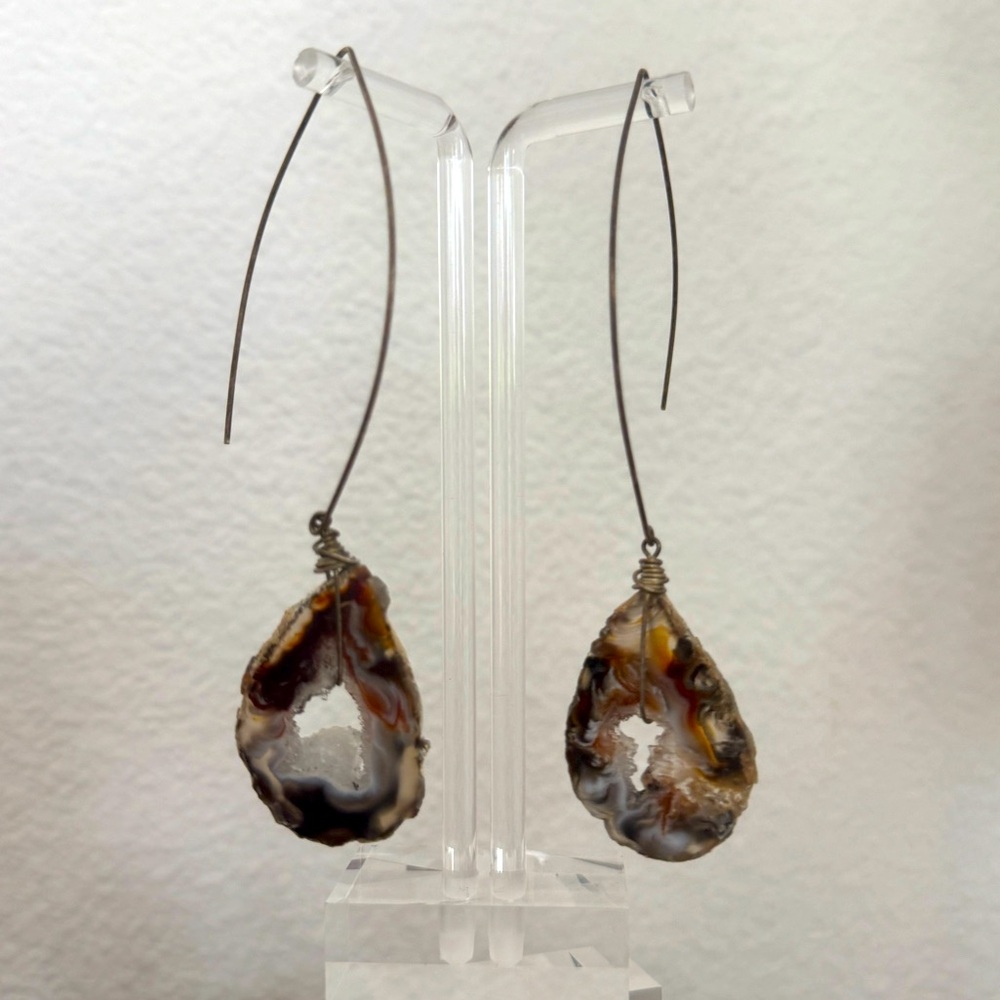Boho Geode Slice Dangle Statement Earrings – Wire Wrapped